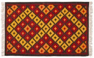 Tappeto Indiano Kilim 150x95cm scacchi rossi e gialli visione dall'alto
