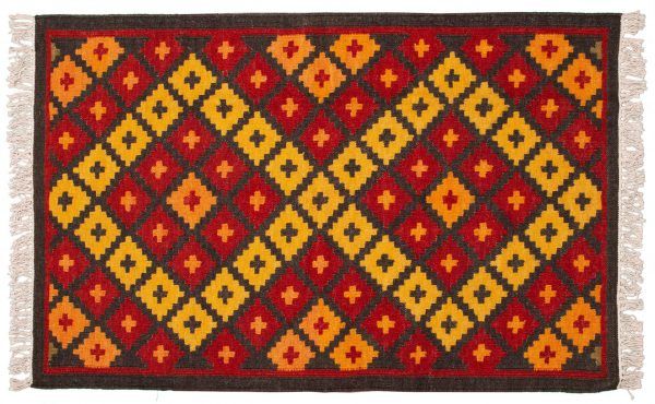 Tappeto Indiano Kilim 150x95cm scacchi rossi e gialli visione dall'alto