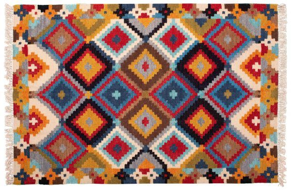 Tappeto Indiano Kilim 183x124cm versione frontale con scacchi colorati